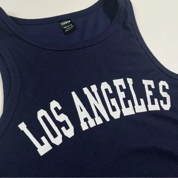 SHEIN Los Angeles Navy Cropped Racerback Spellout Collegiate Graphic Tank Top L - Picture 3 of 6